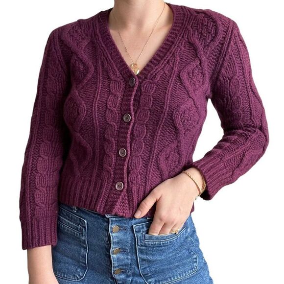 J Crew Womens Purple Chunky Cable Knit Alpaca Wool Blend Cardigan Sz XS - Picture 5 of 9